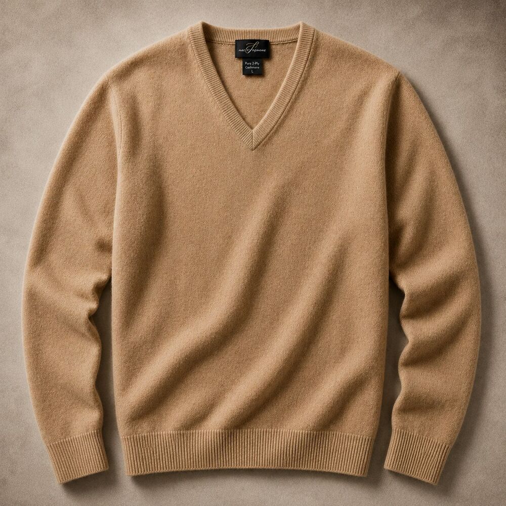 Pure 2-Ply Cashmere V Neck Sweater Mens Large Beige Tan Luxury Knit